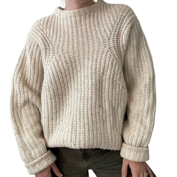 REI Womens Cream Donegal Fleck Merino Wool Ribbed Oversized Fisherman Sweater XL - Picture 1 of 10